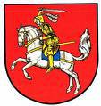 Emblem des Kreises Dithmarschen: Reiter auf weißem Pferd auf einem roten Schild